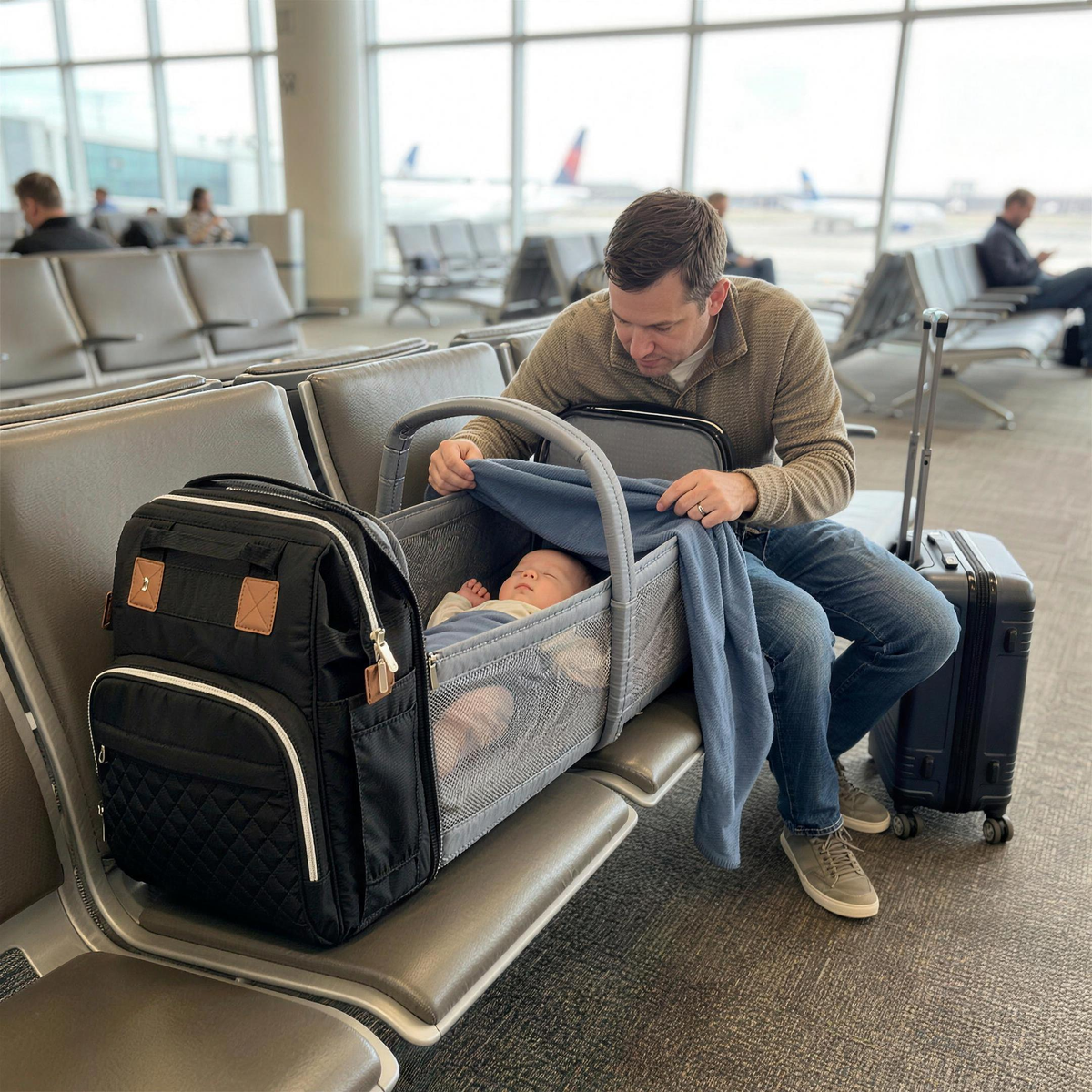 Baby sleeping in the bassinet backpack at the airport