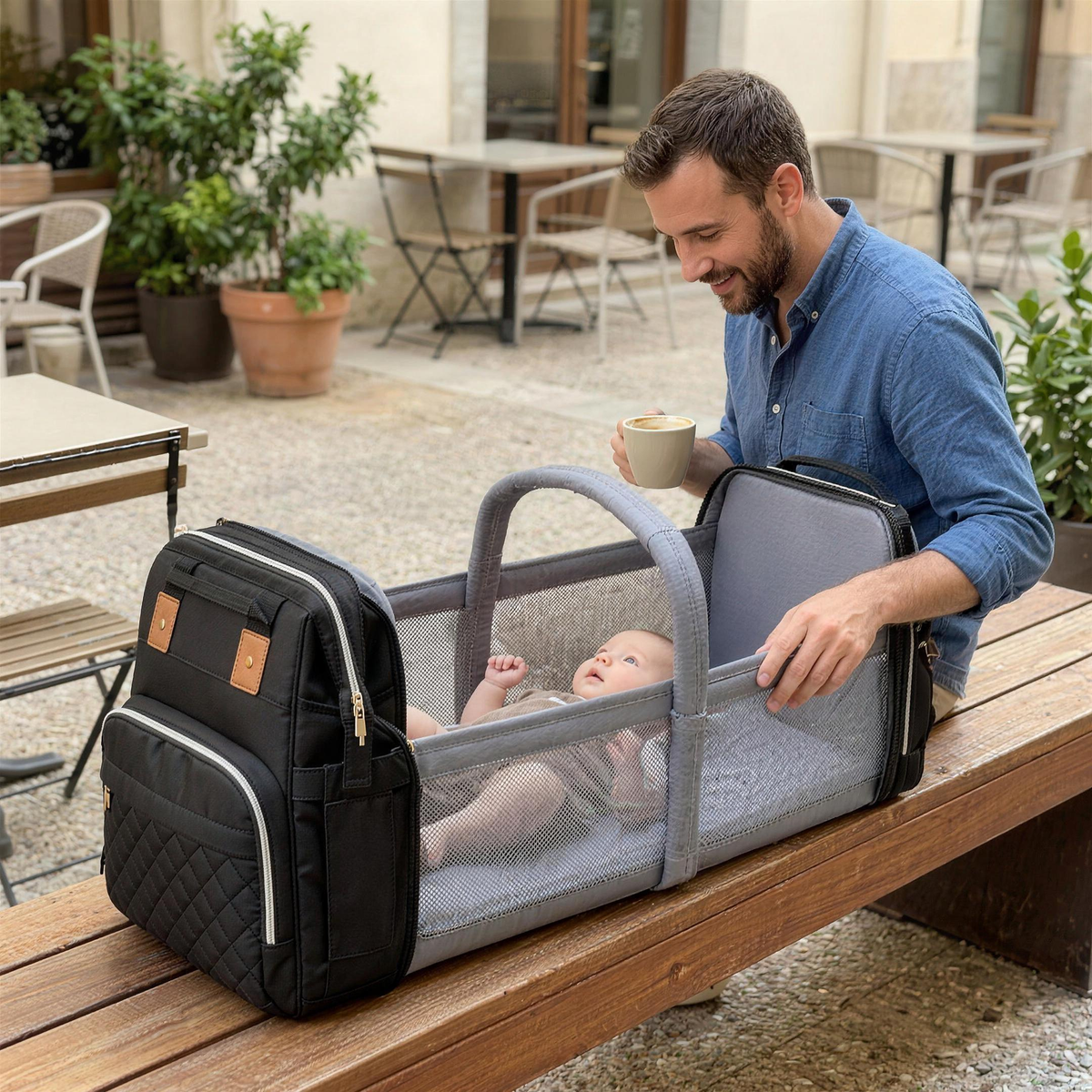 Dad with his baby in the bassinet backpack at a cafe
