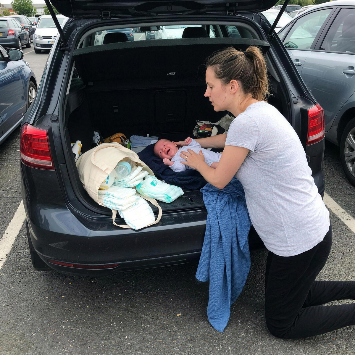 Mom changing her baby in the car trunk