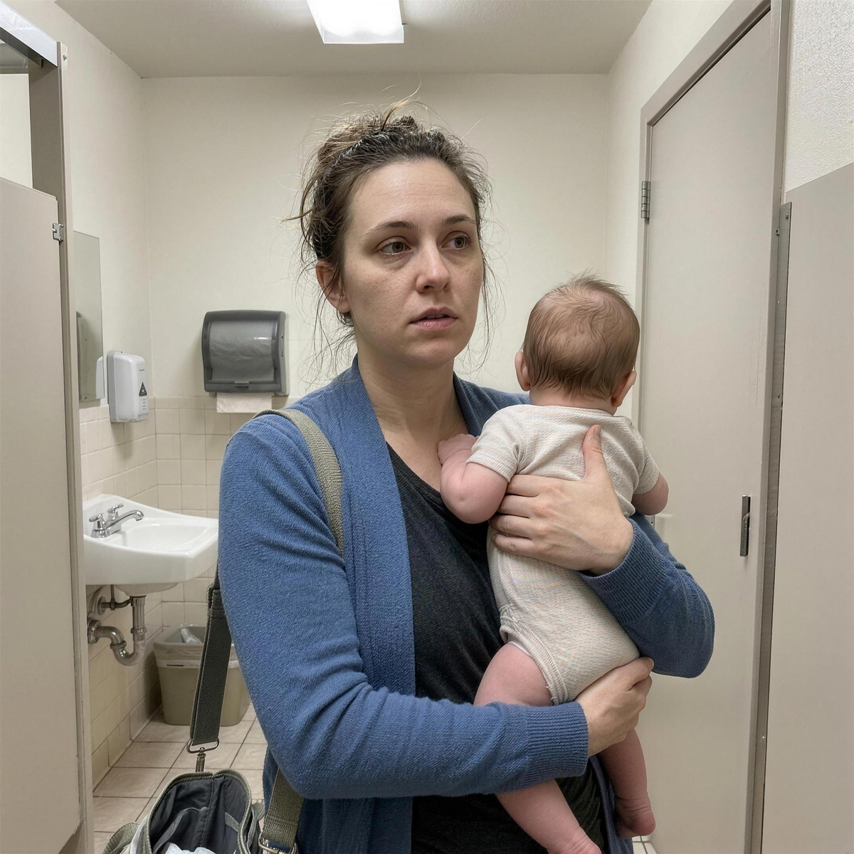 Mom looking for a place to change her baby in a restroom with no changing table